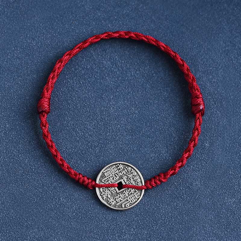 Fußkettchen mit geflochtenem Armband und Münzschutz von Buddha Stones aus 925er Sterlingsilber - Dunkelrotes Seil - Armband (Handgelenkumfang 15-20 cm) - image 1