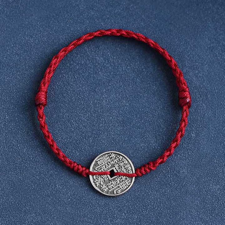 Fußkettchen mit geflochtenem Armband und Münzschutz von Buddha Stones aus 925er Sterlingsilber - Dunkelrotes Seil - Armband (Handgelenkumfang 15-20 cm) - image 1