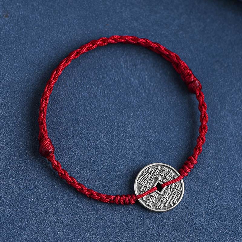 Fußkettchen mit geflochtenem Armband und Münzschutz von Buddha Stones aus 925er Sterlingsilber - Dunkelrotes Seil - Fußkettchen (Umfang 18-30 cm) - image 2