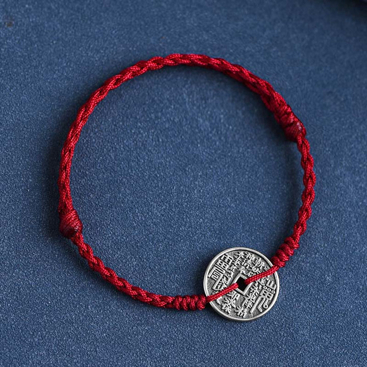 Fußkettchen mit geflochtenem Armband und Münzschutz von Buddha Stones aus 925er Sterlingsilber - Dunkelrotes Seil - Fußkettchen (Umfang 18-30 cm) - image 2