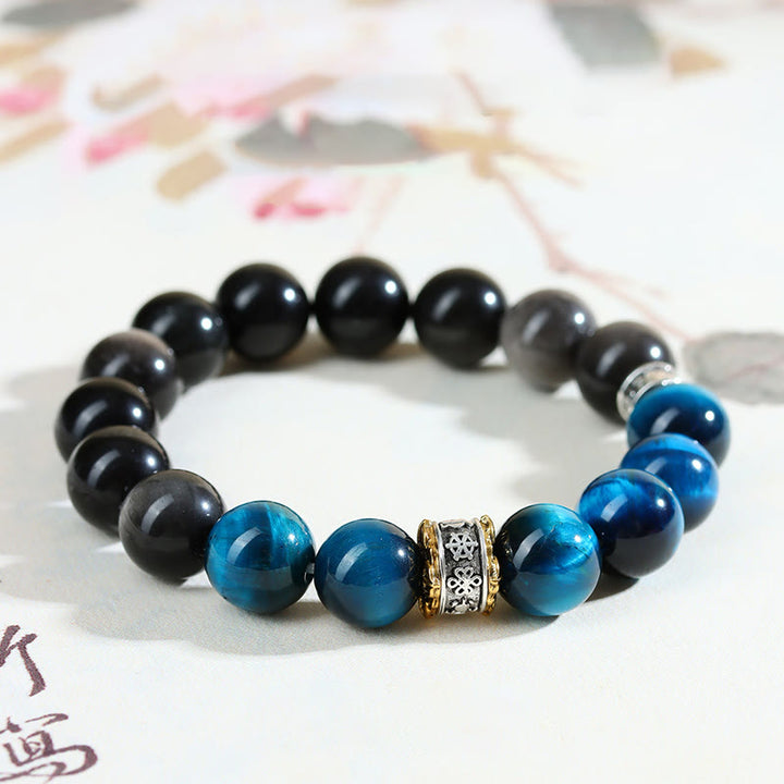 Buddha Stones Armband mit blauem Tigerauge und silbernem Obsidian