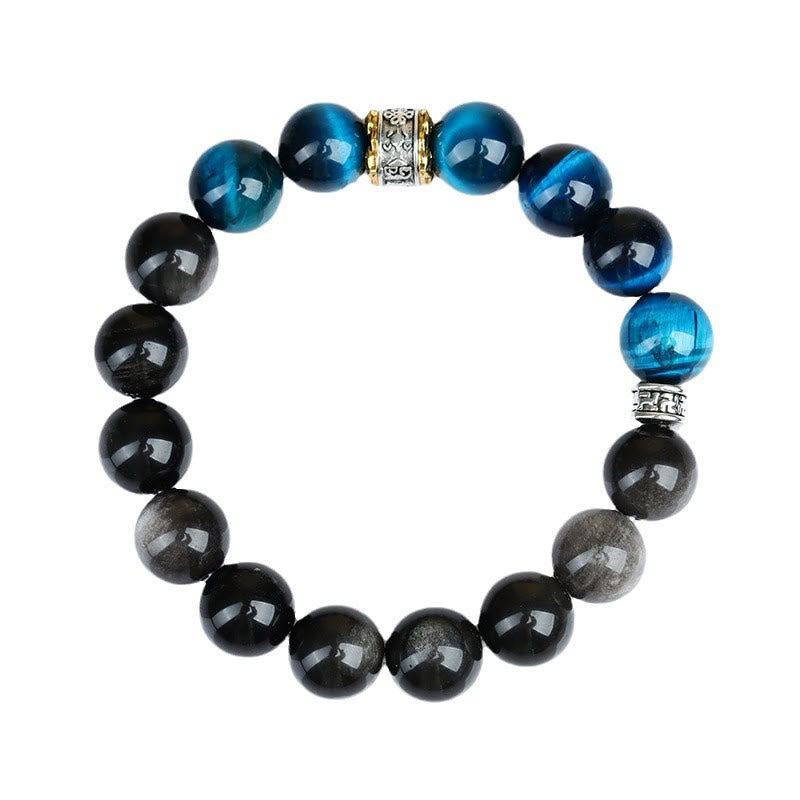 Buddha Stones Armband mit blauem Tigerauge und silbernem Obsidian