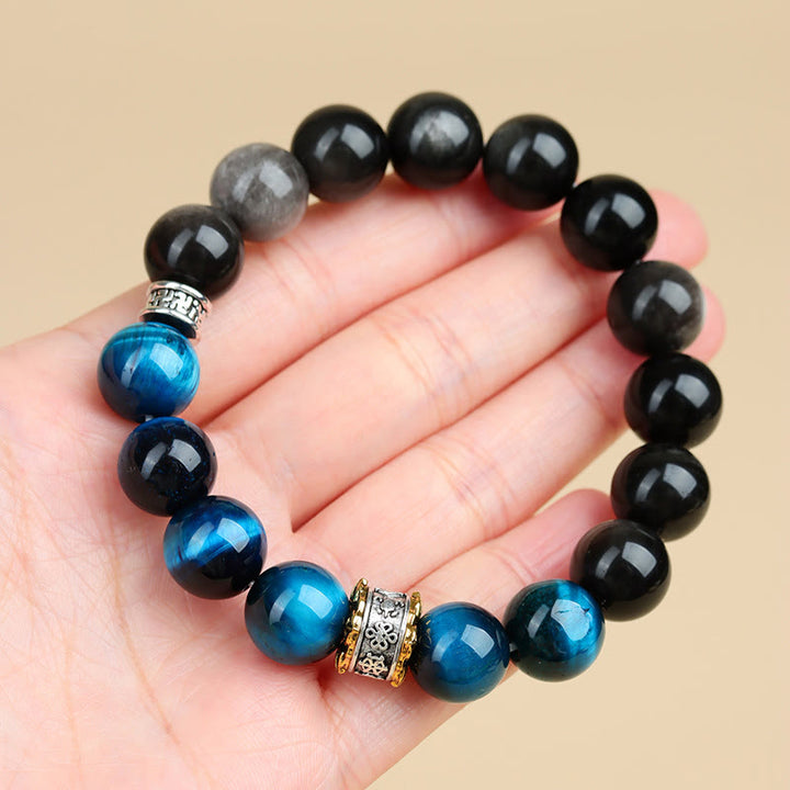 Buddha Stones Armband mit blauem Tigerauge und silbernem Obsidian