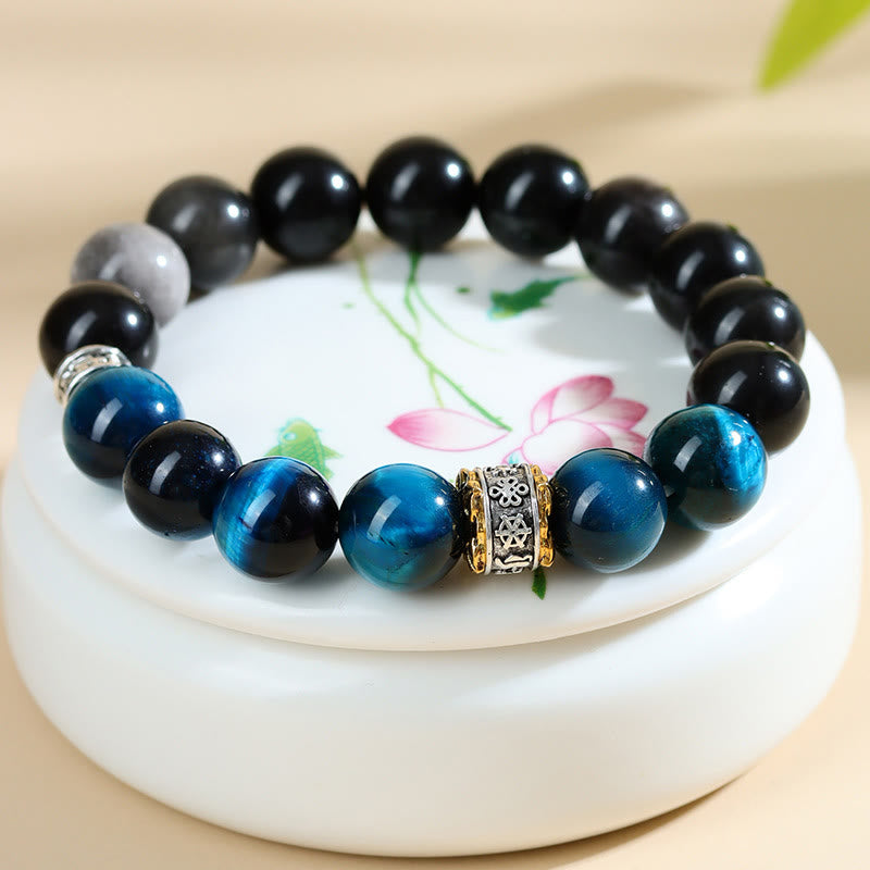 Buddha Stones Armband mit blauem Tigerauge und silbernem Obsidian