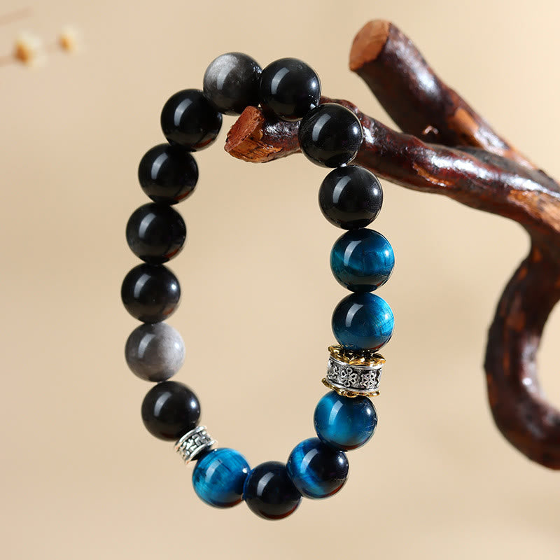 Buddha Stones Armband mit blauem Tigerauge und silbernem Obsidian