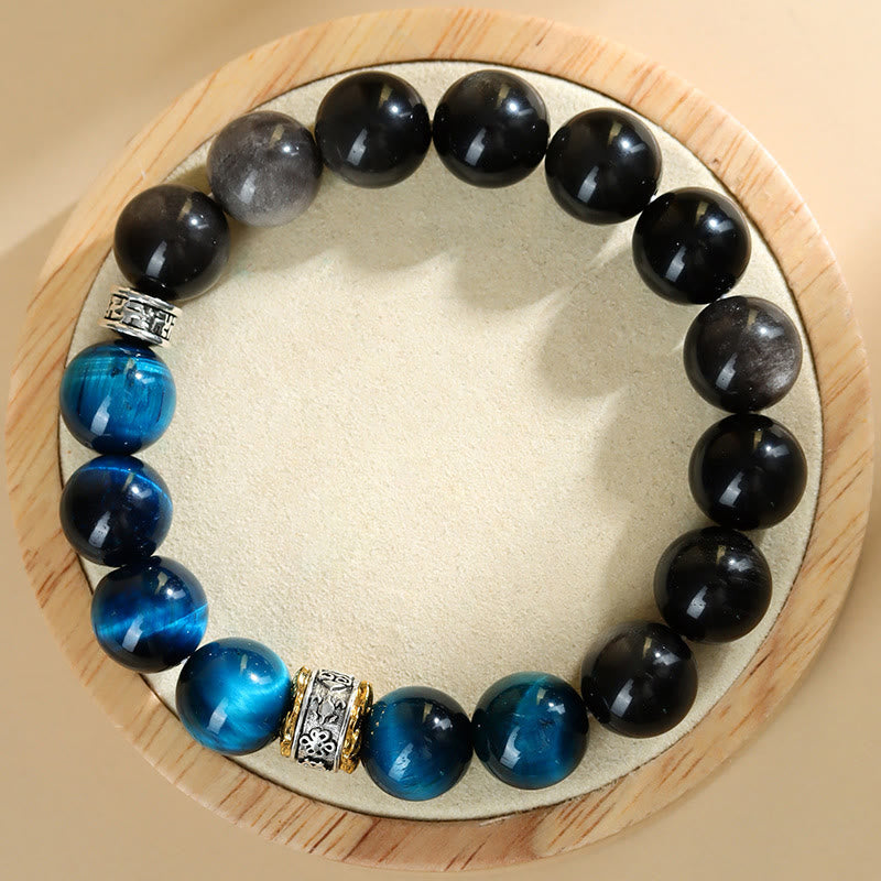 Buddha Stones Armband mit blauem Tigerauge und silbernem Obsidian