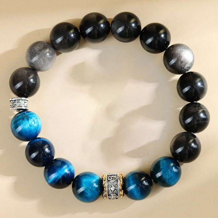 Buddha Stones Armband mit blauem Tigerauge und silbernem Obsidian