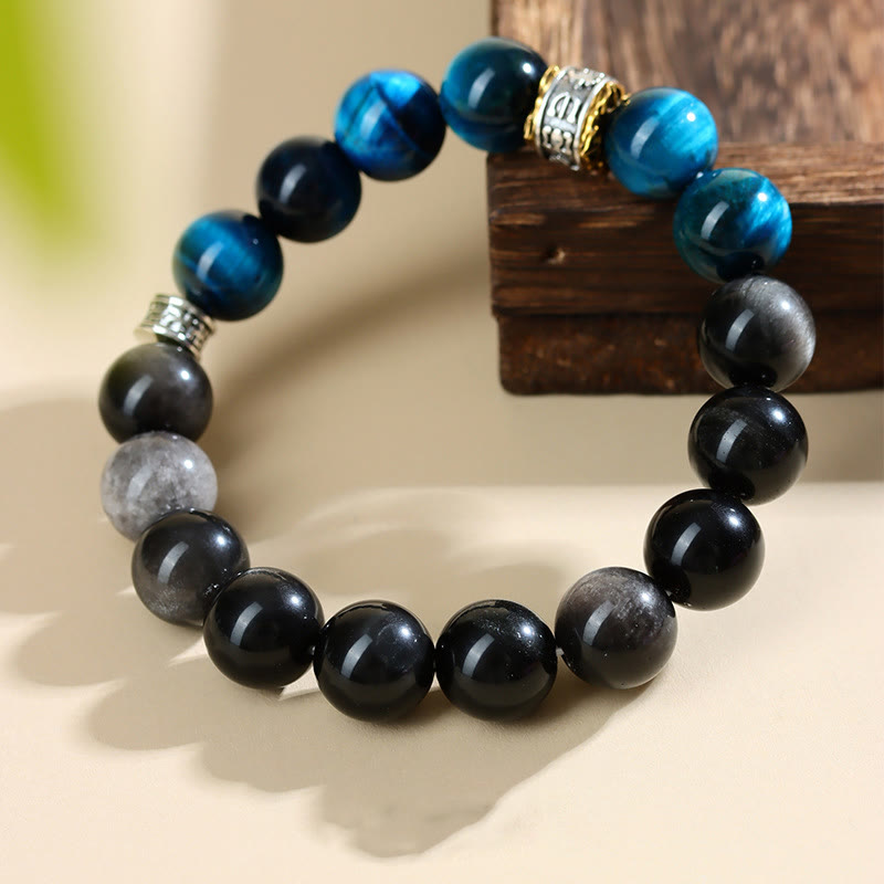 Buddha Stones Armband mit blauem Tigerauge und silbernem Obsidian