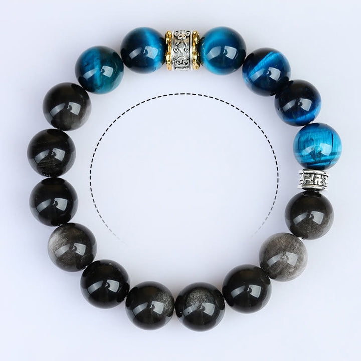 Buddha Stones Armband mit blauem Tigerauge und silbernem Obsidian