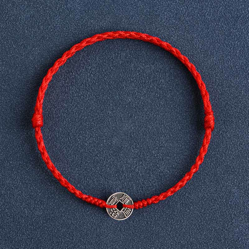 Buddha Stones 925 Sterling Silber Fünf Kaiser Münzen Rote Schnur Schutz Glück Geflochtenes Armband Fußkettchen