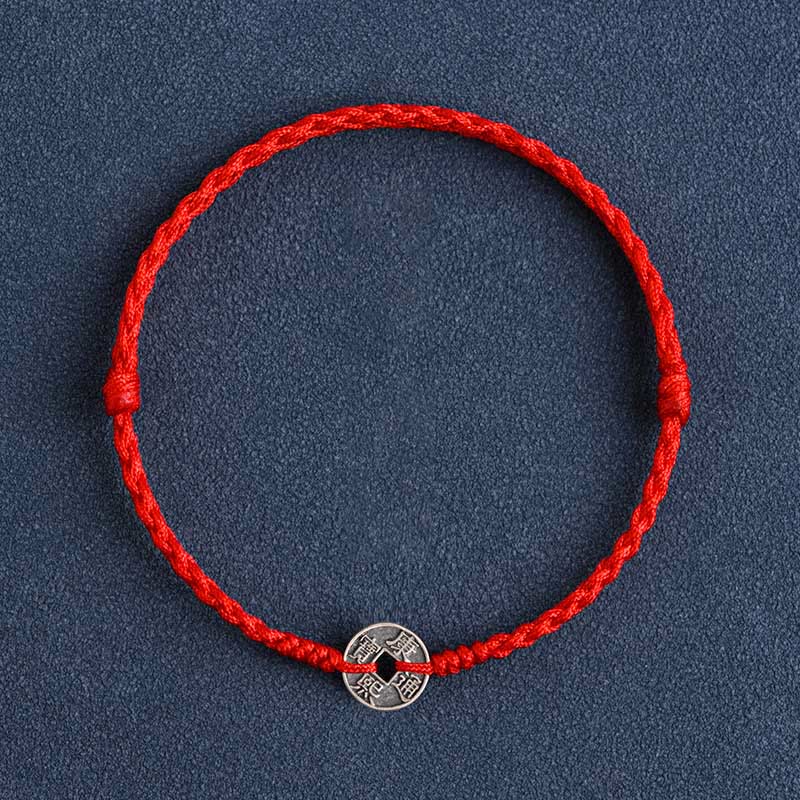 Buddha Stones 925 Sterling Silber Fünf Kaiser Münzen Rote Schnur Schutz Glück Geflochtenes Armband Fußkettchen