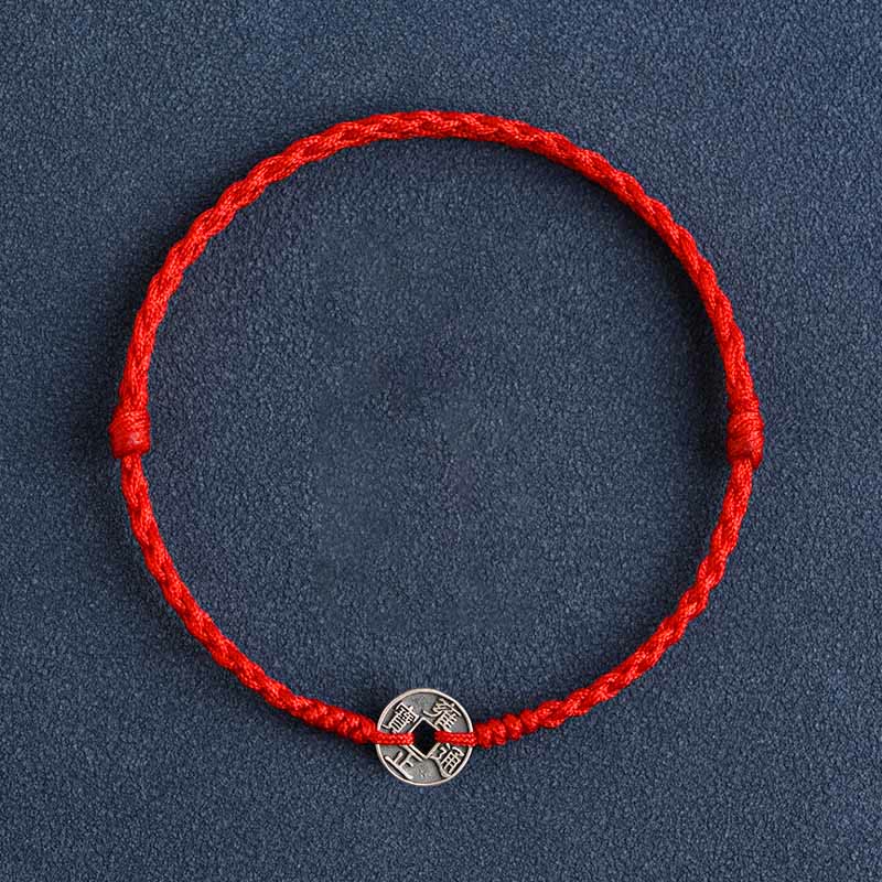 Buddha Stones 925 Sterling Silber Fünf Kaiser Münzen Rote Schnur Schutz Glück Geflochtenes Armband Fußkettchen