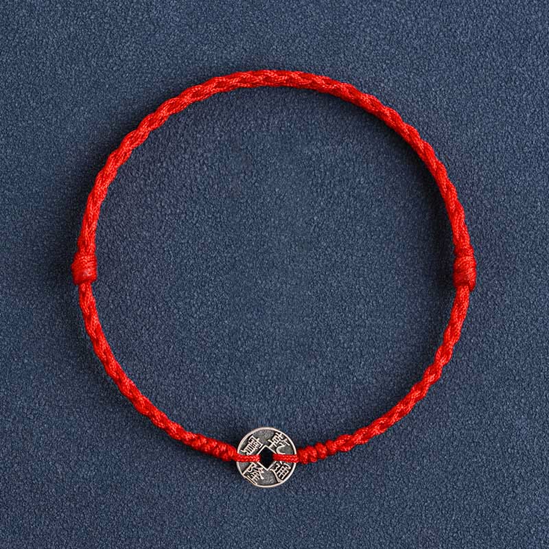 Buddha Stones 925 Sterling Silber Fünf Kaiser Münzen Rote Schnur Schutz Glück Geflochtenes Armband Fußkettchen