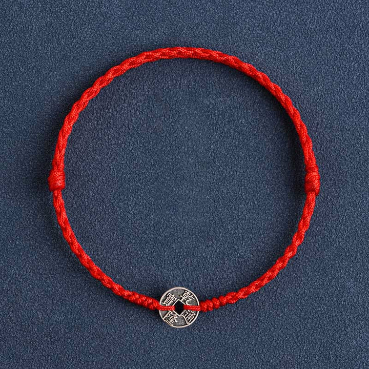 Buddha Stones 925 Sterling Silber Fünf Kaiser Münzen Rote Schnur Schutz Glück Geflochtenes Armband Fußkettchen