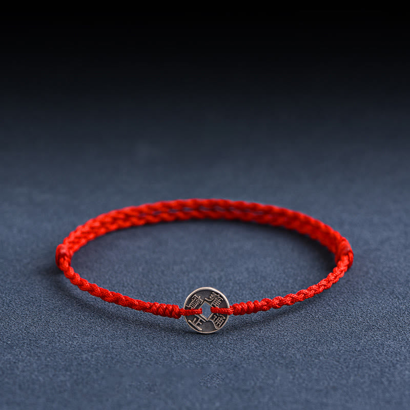 Buddha Stones ​​925 Sterling Silber Fünf Kaiser Münzen Rote Schnur Schutz Glück Geflochtenes Armband Fußkettchen - image 0