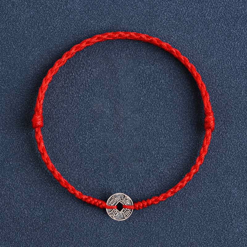 Buddha Stones 925 Sterling Silber Fünf Kaiser Münzen Rote Schnur Schutz Glück Geflochtenes Armband Fußkettchen