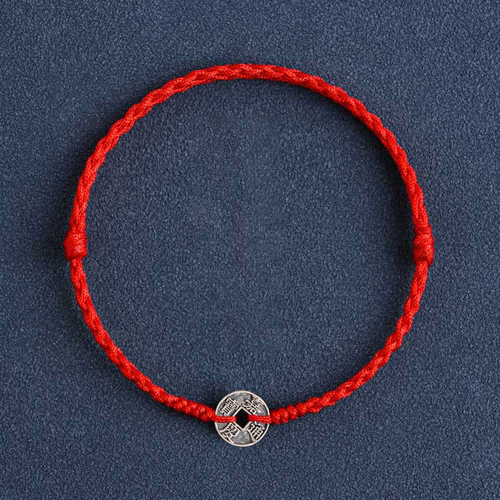 Buddha Stones 925 Sterling Silber Fünf Kaiser Münzen Rote Schnur Schutz Glück Geflochtenes Armband Fußkettchen