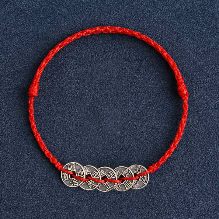 Buddha Stones 925 Sterling Silber Fünf Kaiser Münzen Rote Schnur Schutz Glück Geflochtenes Armband Fußkettchen