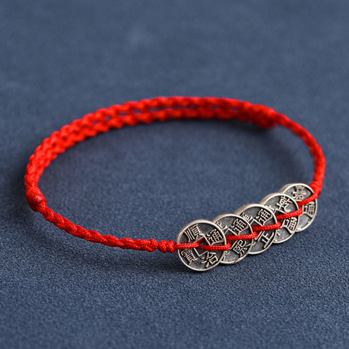 Buddha Stones 925 Sterling Silber Fünf Kaiser Münzen Rote Schnur Schutz Glück Geflochtenes Armband Fußkettchen