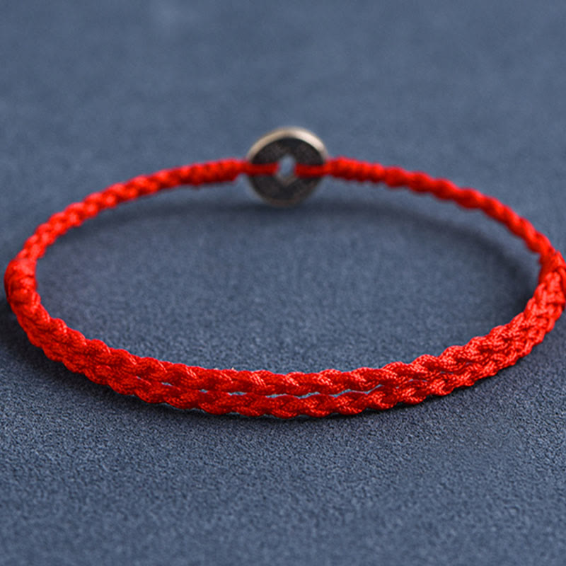 Buddha Stones 925 Sterling Silber Fünf Kaiser Münzen Rote Schnur Schutz Glück Geflochtenes Armband Fußkettchen