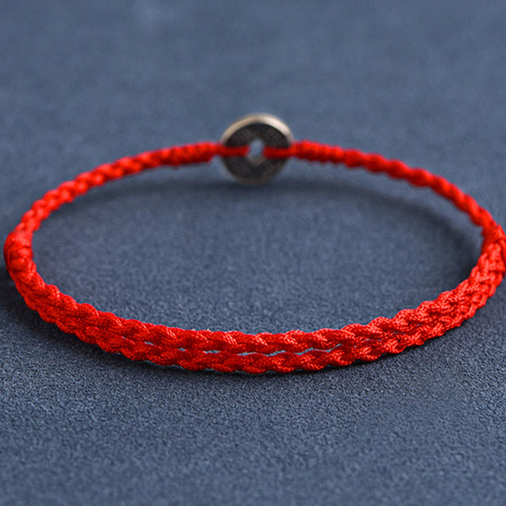 Buddha Stones ​​925 Sterling Silber Fünf Kaiser Münzen Rote Schnur Schutz Glück Geflochtenes Armband Fußkettchen - image 2