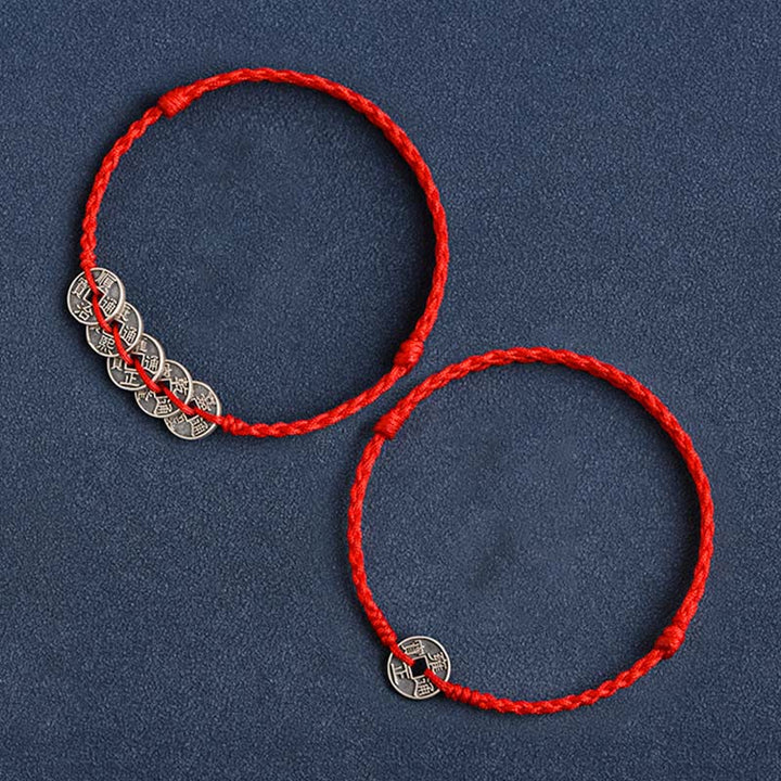 Buddha Stones 925 Sterling Silber Fünf Kaiser Münzen Rote Schnur Schutz Glück Geflochtenes Armband Fußkettchen