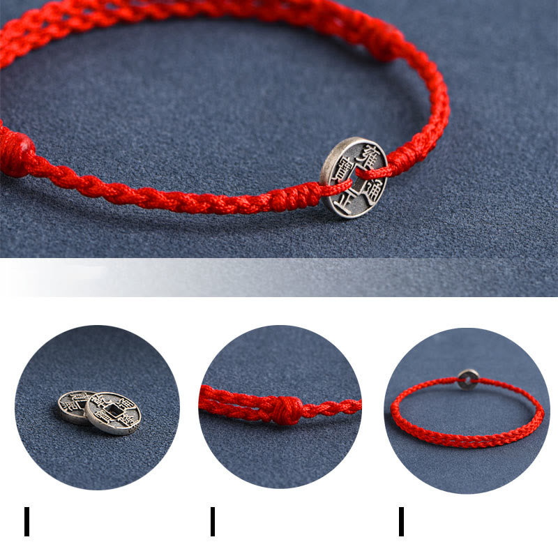 Buddha Stones 925 Sterling Silber Fünf Kaiser Münzen Rote Schnur Schutz Glück Geflochtenes Armband Fußkettchen