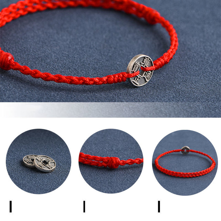 Buddha Stones ​​925 Sterling Silber Fünf Kaiser Münzen Rote Schnur Schutz Glück Geflochtenes Armband Fußkettchen - image 4