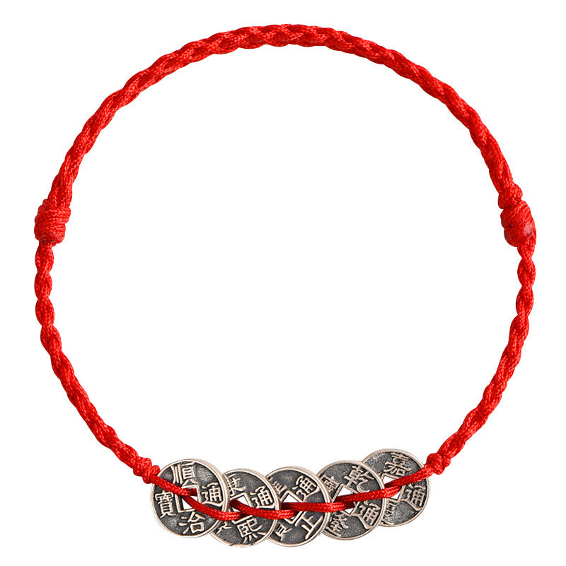 Buddha Stones 925 Sterling Silber Fünf Kaiser Münzen Rote Schnur Schutz Glück Geflochtenes Armband Fußkettchen