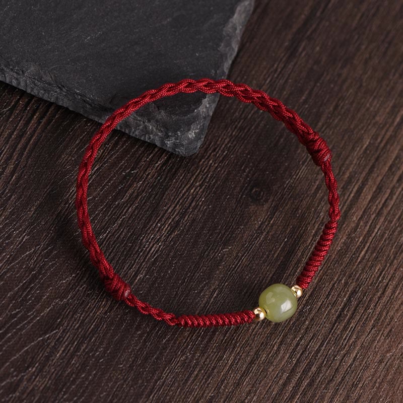 Buddha Stones, natürliche Hetian-Jade, 999 Goldperlen, Schutz, Glück, geflochtenes Armband, Fußkettchen - Dunkelrotes Seil - Hetian-Jade-Perlen aus 14-karätigem Gold - Fußkettchen (Umfang 17-30 cm) - image 1