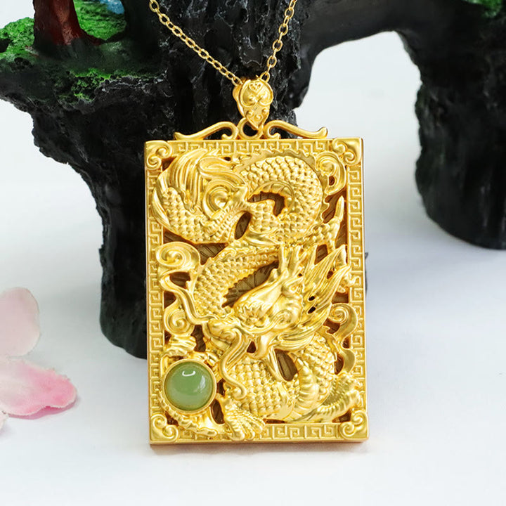 Buddha Stones Drache vergoldet Kupfer Hetian Jade Stärke Halskette Anhänger