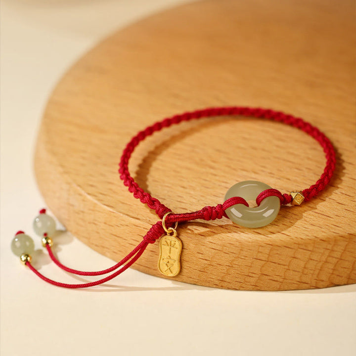 Buddha Stones, natürliche Hetian-Jade, Friedensschnalle, rote Schnur, geflochtenes Armband