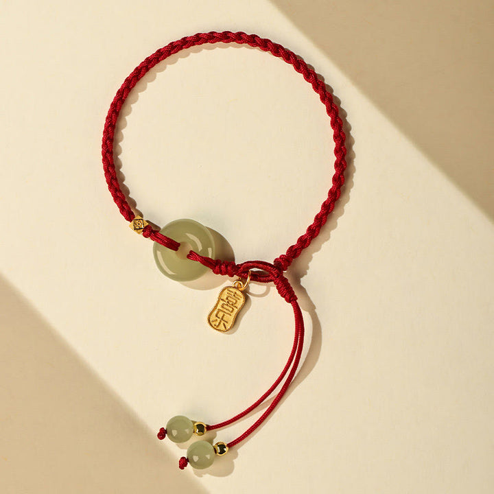 Buddha Stones, natürliche Hetian-Jade, Friedensschnalle, rote Schnur, geflochtenes Armband