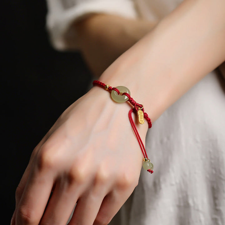 Buddha Stones, natürliche Hetian-Jade, Friedensschnalle, rote Schnur, geflochtenes Armband