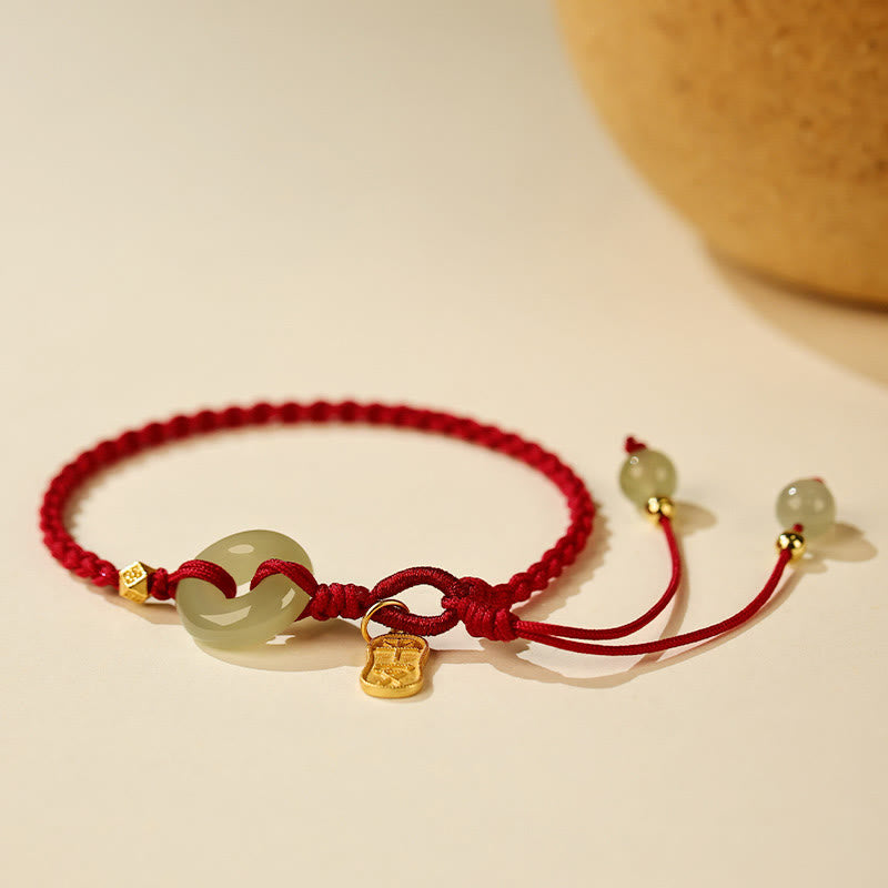 Buddha Stones, natürliche Hetian-Jade, Friedensschnalle, rote Schnur, geflochtenes Armband