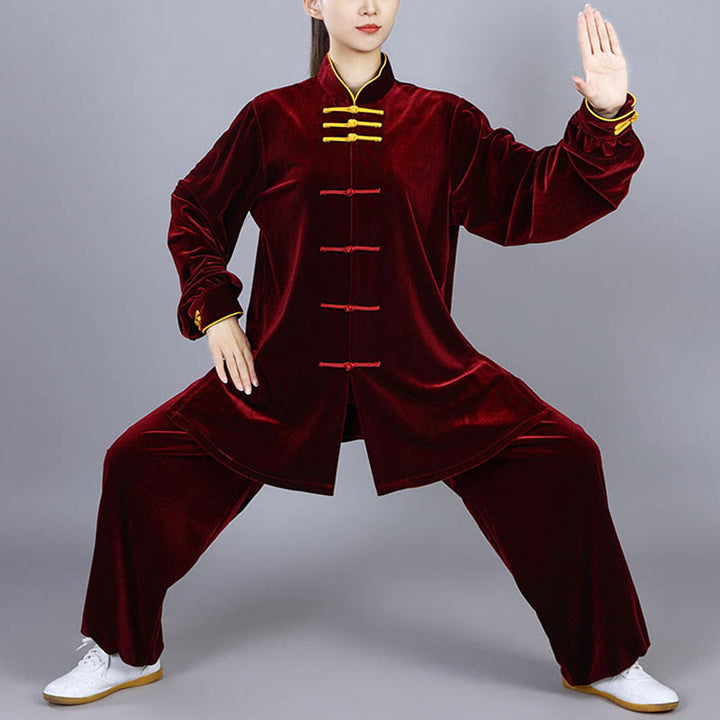 Buddha Stones 2-teiliges Herbst-Winter-Tai-Chi-Qigong-Praxis-Unisex-Meditations-Velours-Kleidungsset mit Froschknopf - Dunkelrot - 3XL– PASSEND FÜR US/ UK/ AU/ EU– XL - image 2