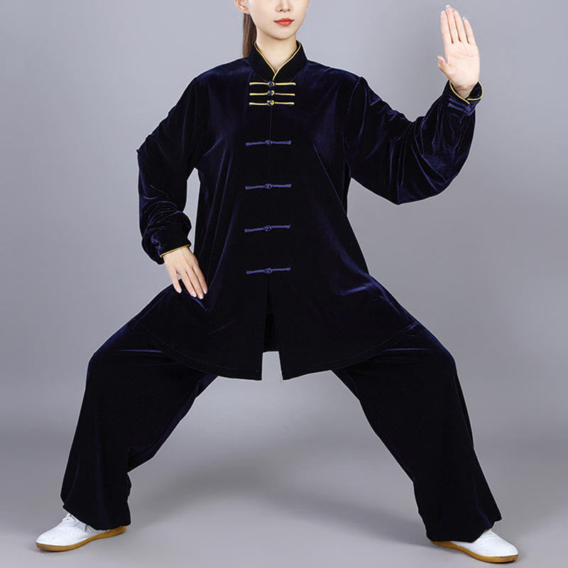 Buddha Stones 2-teiliges Herbst-Winter-Tai-Chi-Qigong-Praxis-Unisex-Meditations-Velours-Kleidungsset mit Froschknopf - Mitternachtsblau - 3XL– PASSEND FÜR US/ UK/ AU/ EU– XL - image 0