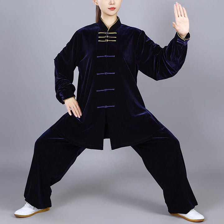 Buddha Stones 2-teiliges Herbst-Winter-Tai-Chi-Qigong-Praxis-Unisex-Meditations-Velours-Kleidungsset mit Froschknopf - Mitternachtsblau - 3XL– PASSEND FÜR US/ UK/ AU/ EU– XL - image 0