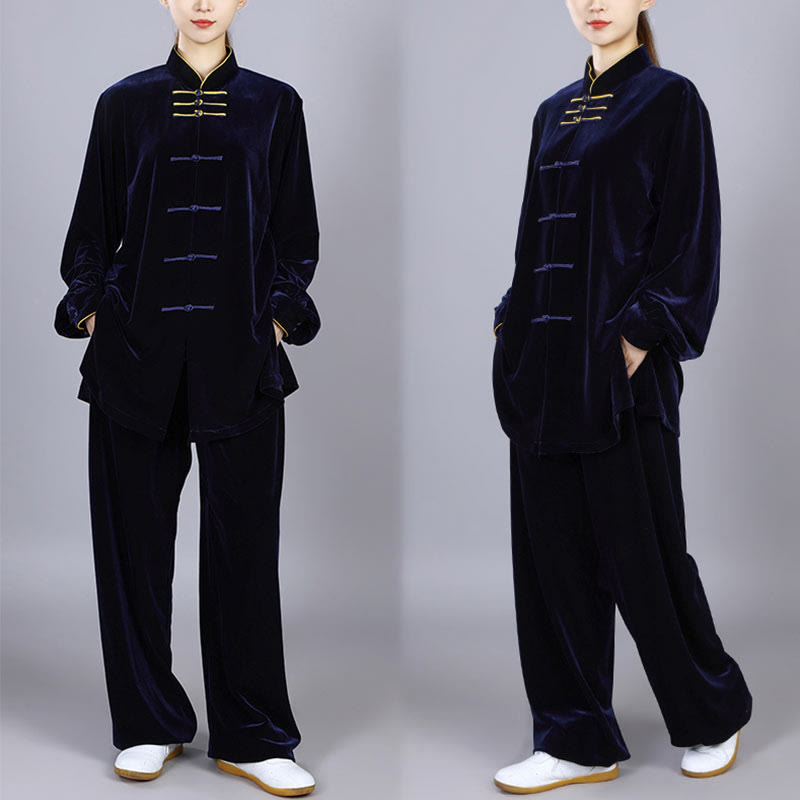 Buddha Stones 2-teiliges Herbst-Winter-Tai-Chi-Qigong-Praxis-Unisex-Meditations-Velours-Kleidungsset mit Froschknopf - image 1