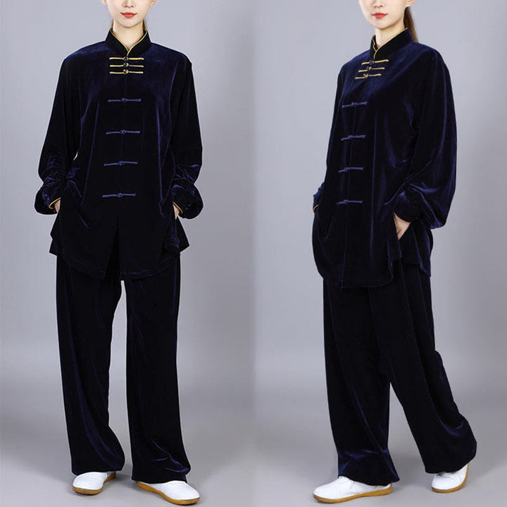 Buddha Stones 2-teiliges Herbst-Winter-Tai-Chi-Qigong-Praxis-Unisex-Meditations-Velours-Kleidungsset mit Froschknopf - image 1