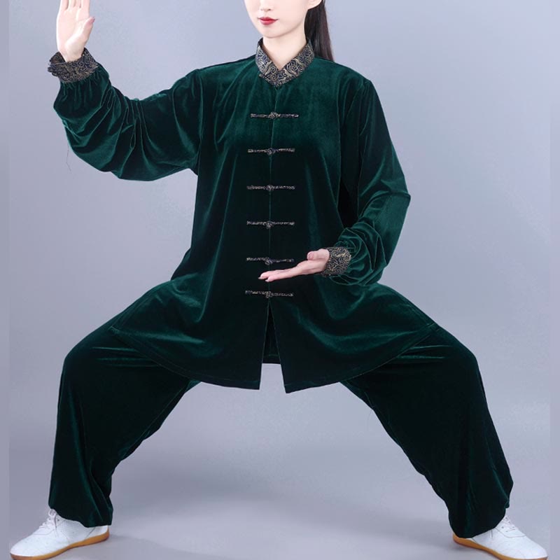 Buddha Stones 2-teiliges Herbst-Winter-Tai-Chi-Qigong-Set mit glückverheißenden Wolken, Stehkragen, Froschknopf, Unisex-Velours-Meditationskleidung - Seegrün - 3XL– PASSEND FÜR US/ UK/ AU/ EU– XL - image 15