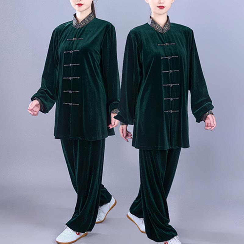 Buddha Stones 2-teiliges Herbst-Winter-Tai-Chi-Qigong-Set mit glückverheißenden Wolken, Stehkragen, Froschknopf, Unisex-Velours-Meditationskleidung - image 17