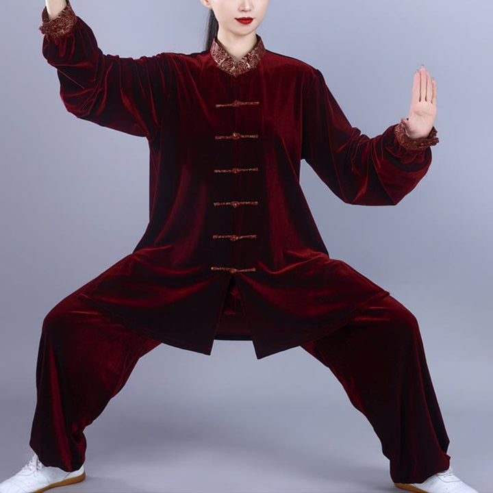 Buddha Stones 2-teiliges Herbst-Winter-Tai-Chi-Qigong-Set mit glückverheißenden Wolken, Stehkragen, Froschknopf, Unisex-Velours-Meditationskleidung - Dunkelrot - 3XL– PASSEND FÜR US/ UK/ AU/ EU– XL - image 0