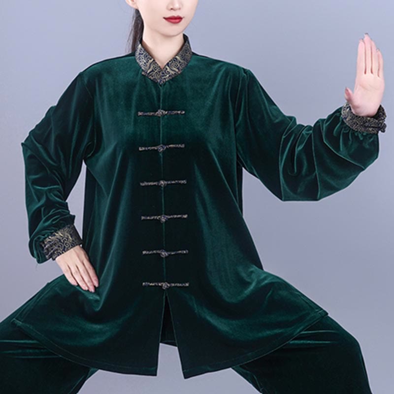 Buddha Stones 2-teiliges Herbst-Winter-Tai-Chi-Qigong-Set mit glückverheißenden Wolken, Stehkragen, Froschknopf, Unisex-Velours-Meditationskleidung - image 16