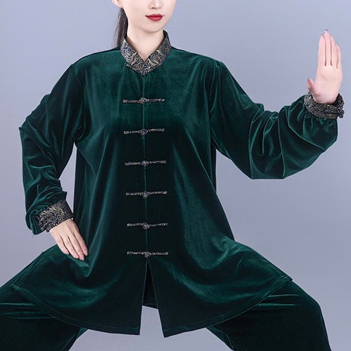 Buddha Stones 2-teiliges Herbst-Winter-Tai-Chi-Qigong-Set mit glückverheißenden Wolken, Stehkragen, Froschknopf, Unisex-Velours-Meditationskleidung - image 16