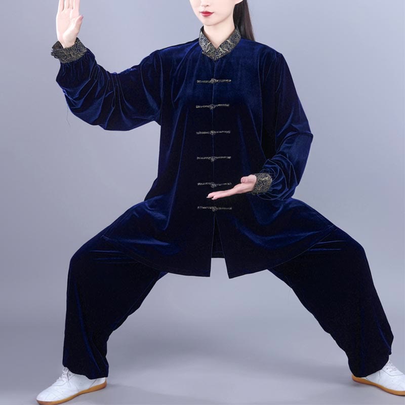 Buddha Stones 2-teiliges Herbst-Winter-Tai-Chi-Qigong-Set mit glückverheißenden Wolken, Stehkragen, Froschknopf, Unisex-Velours-Meditationskleidung - Mitternachtsblau - 3XL– PASSEND FÜR US/ UK/ AU/ EU– XL - image 11