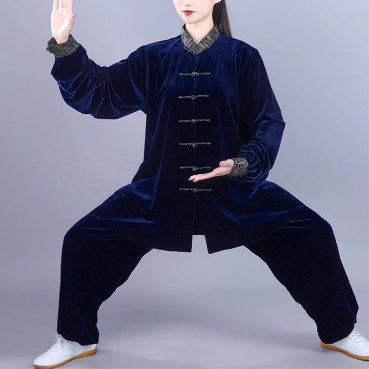 Buddha Stones 2-teiliges Herbst-Winter-Tai-Chi-Qigong-Set mit glückverheißenden Wolken, Stehkragen, Froschknopf, Unisex-Velours-Meditationskleidung - Mitternachtsblau - 3XL– PASSEND FÜR US/ UK/ AU/ EU– XL - image 11