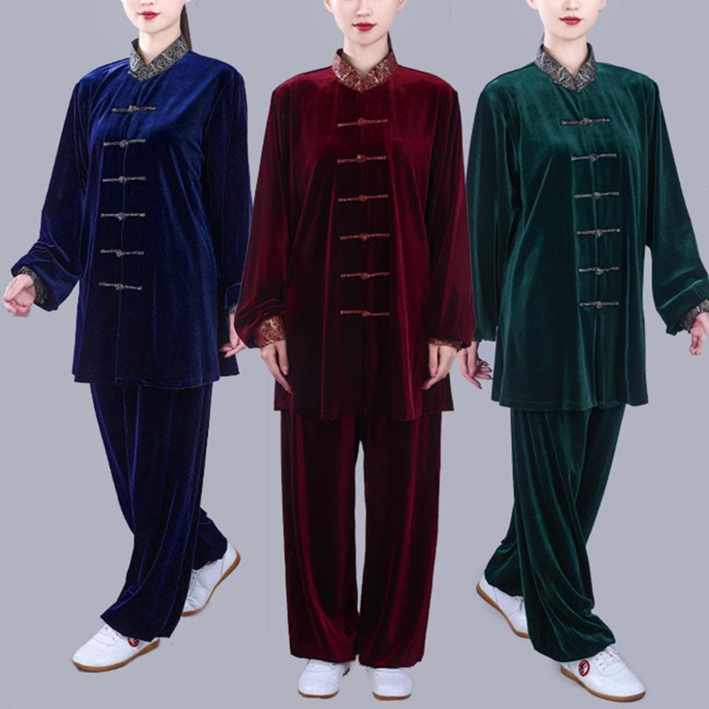 Buddha Stones 2-teiliges Herbst-Winter-Tai-Chi-Qigong-Set mit glückverheißenden Wolken, Stehkragen, Froschknopf, Unisex-Velours-Meditationskleidung - image 1