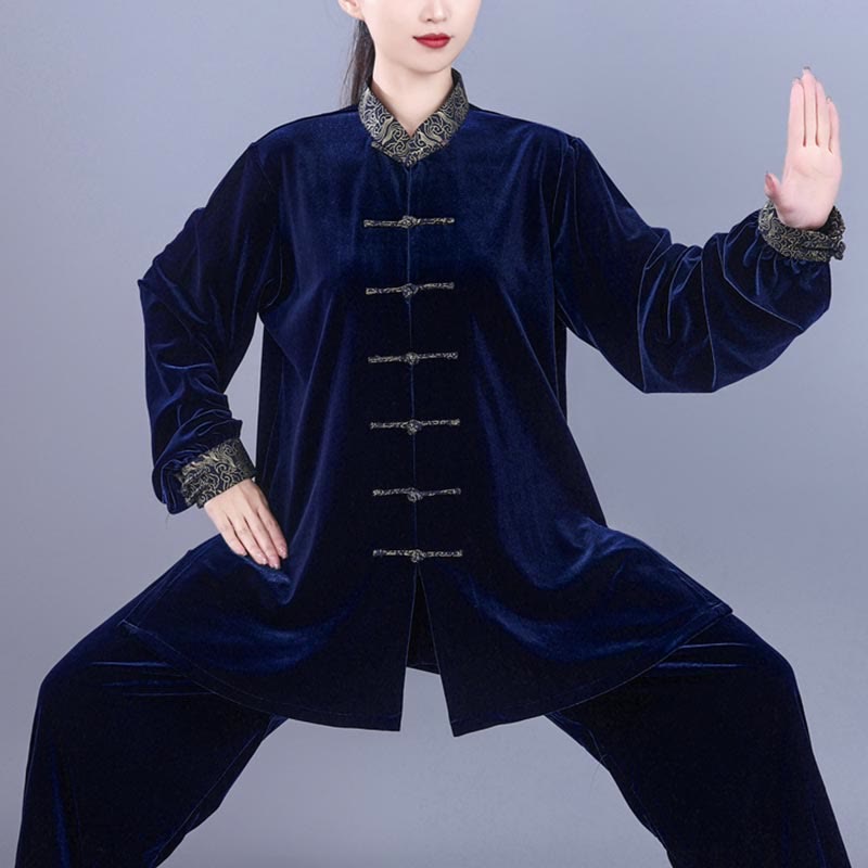 Buddha Stones 2-teiliges Herbst-Winter-Tai-Chi-Qigong-Set mit glückverheißenden Wolken, Stehkragen, Froschknopf, Unisex-Velours-Meditationskleidung - image 12