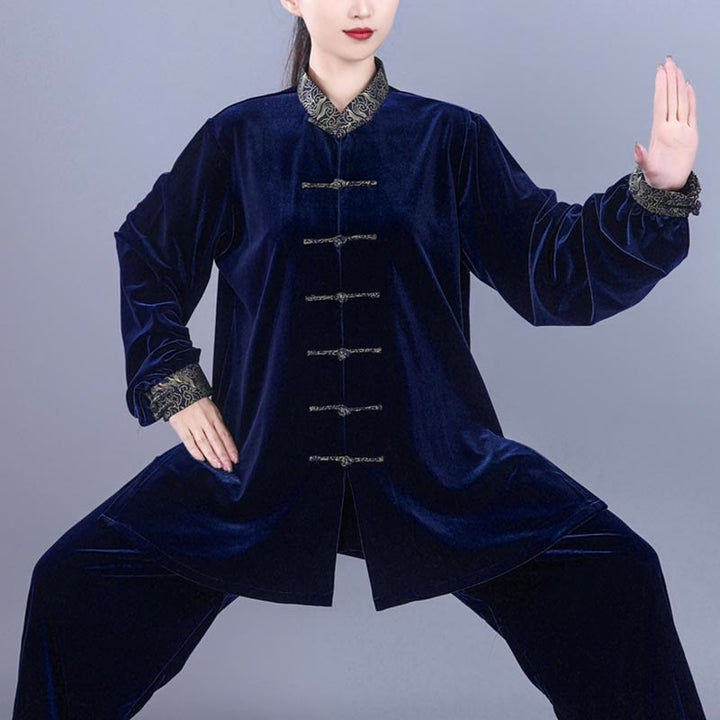 Buddha Stones 2-teiliges Herbst-Winter-Tai-Chi-Qigong-Set mit glückverheißenden Wolken, Stehkragen, Froschknopf, Unisex-Velours-Meditationskleidung - image 12